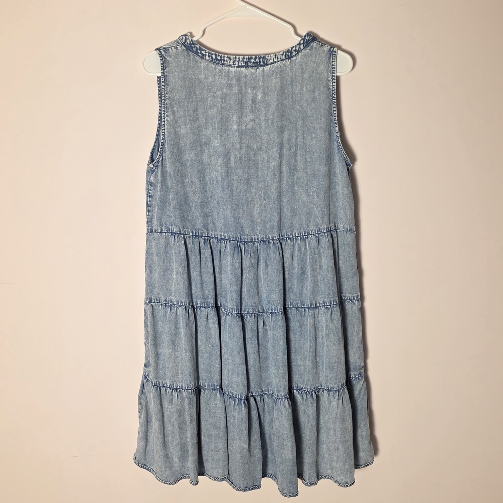 Chambray Tiered Midi Dress Boho Prairie Loose Fit Pockets Blue Size M - Picture 3 of 8